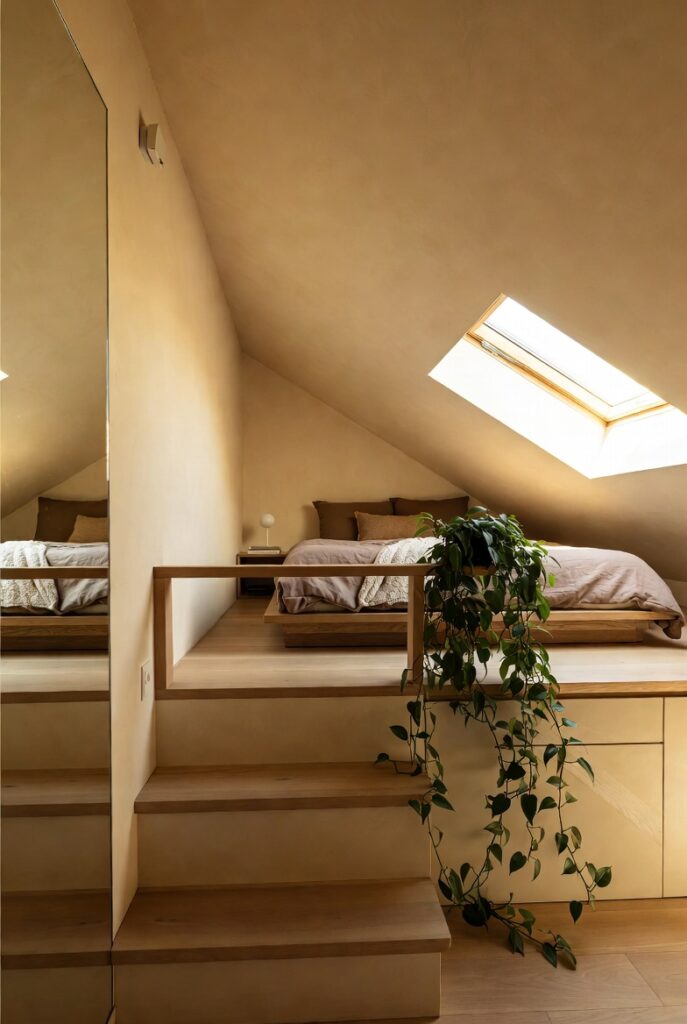 A beautifully composed feature image for a tiny loft bedroom inspiration guide, showcasing a warm, light-filled loft space that combines a low-profile platform bed beneath a sun-drenched skylight, a wooden guardrail draped with a trailing plant, staircase storage leading up to the loft, and a floor-to-ceiling mirror expanding the sense of space, soft warm low lighting adding cozy ambiance, realistic high-resolution interior photography, vertical 2:3 composition, warm neutral color palette of cream, taupe, and natural wood tones, conveying an inspiring overview of smart loft bedroom design, perfect as a blog title feature image.