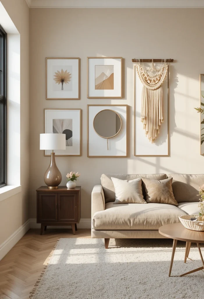Affordable wall art ideas that don't look cheap, featuring stylish framed prints and décor for an elevated living room