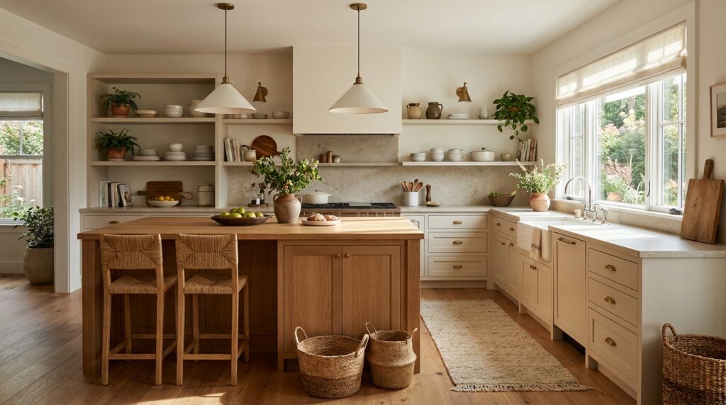 Modern kitchen with open shelving, natural wood tones, and warm lighting