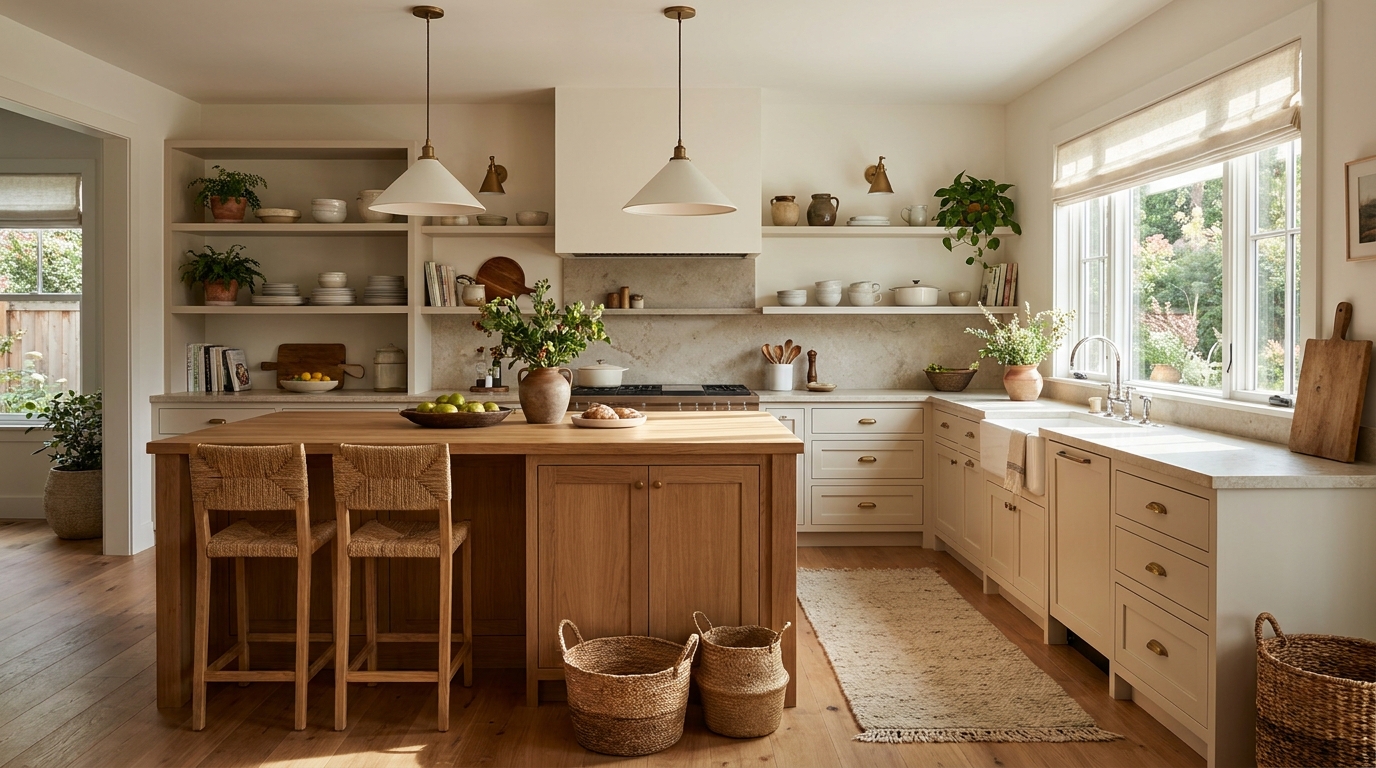 Modern kitchen with open shelving, natural wood tones, and warm lighting
